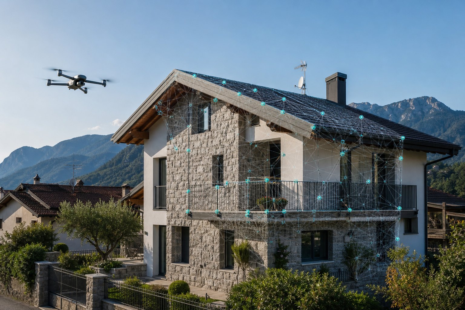 Drone durante un rilievo fotogrammetrico di un edificio